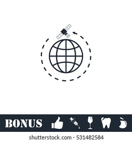 Globe symbol with satellites icon flat. Vector illustration symbol and bonus pictogram