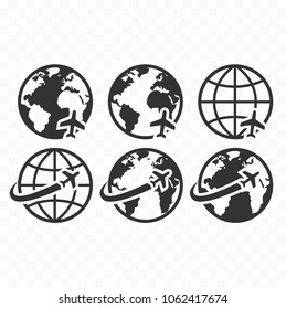 Globe symbol web icon set with airplane flight sign. Planet Earth icons with airplane flying icon.