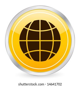 Globe symbol yellow circle icon. Vector illustration