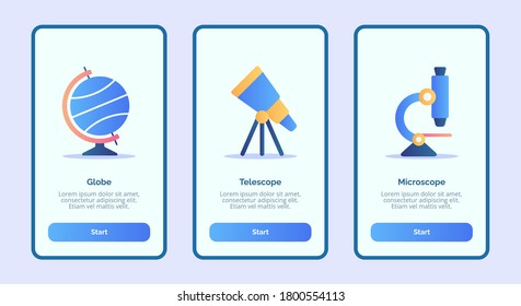 Globe telescope microscope for mobile apps template banner page UI with three variations modern flat color style.