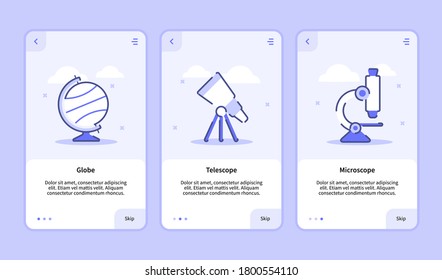 Globe Teleskop Mikroskop Onboarding Screen für mobile Apps Template Banner Page UI mit drei Variationen modernen flachen Umriss Stil.