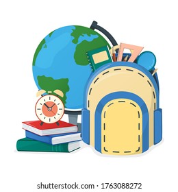 Globe and textbook, school book and backpack, alarm icon isolated on white, cartoon vector illustration. Welcome back to school, supplies for study in college and institute.