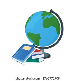 Globe and textbooks, school book icon isolated on white, cartoon vector illustration. Welcome back to school, supplies for study in college or institute.