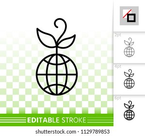 Globe thin line icon. Outline web sign of sprout. Save Nature linear pictogram with different stroke width. Simple vector symbol, transparent background. Globe editable stroke icon without fill