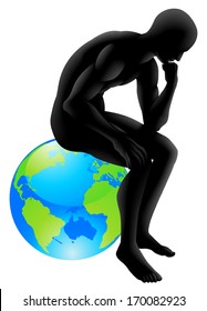 Globe thinker concept, thinker style person sitting on a globe, could be concept for  thinking about the environment or thinking globally 