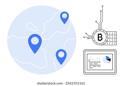 Globe with three blue location markers. Bitcoin symbol connected by circuits. Graph with pie chart on tablet. Ideal for cryptocurrency, blockchain, global finance, technology trends, data analysis