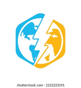 Globe and thunder vector logo icon template. Thunder world vector logo template.