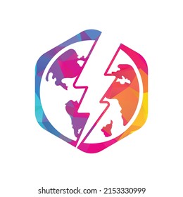 Globe and thunder vector logo icon template. Thunder world vector logo template.