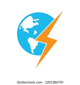 Globe and thunder vector logo icon template. Thunder world vector logo template.