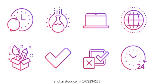 Globe, Tick And Chemistry Experiment Line Icons Set. Creativity, Laptop And Checkbox Signs. Update Time, 24 Hours Symbols. Internet World, Confirm Check. Education Set. Gradient Globe Icon. Vector