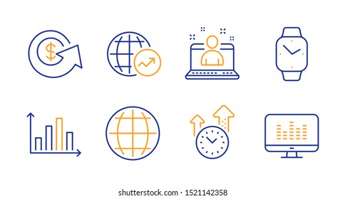 Globe, Time management and Best manager line icons set. Diagram graph, Dollar exchange and Smartwatch signs. World statistics, Music making symbols. Internet world, Office clock. Vector