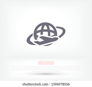 Globe and travel by plane. Aircraft flies around the earth. globe and tourism. vector graphics of the planet and the plane. 10 eps travel
