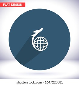 Globe and travel by plane. Aircraft flies around the earth. globe and tourism. vector graphics of the planet and the plane. 10 eps travel
