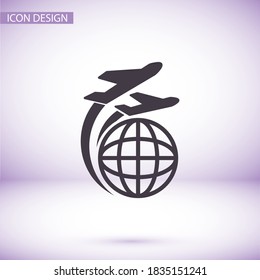 Globe and travel by plane. Aircraft flies around the earth. globe and tourism. vector graphics of the planet and the plane. 10 eps travel