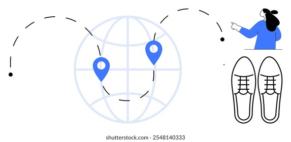 Globe with travel route, map pinpoints, person with suitcase, and shoes. Ideal for travel planning, navigation, adventure, tourism, worldwide destinations. Clear line art style with blue and black