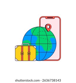 Globe, a travel suitcase, and a smartphone with a location pin. Ideal for travel apps, global navigation, vacation planning, and tourism in colorful illustration hand drawn