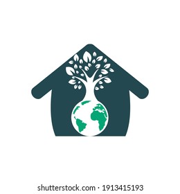 Globe tree with home vector logo design template. Planet and eco symbol or icon.