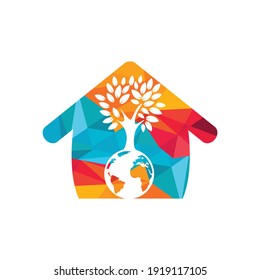 Globe tree with home vector logo design template. Planet and eco symbol or icon.