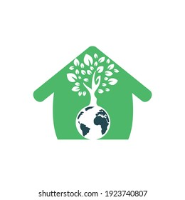 Globe tree with home vector logo design template. Planet and eco symbol or icon.	