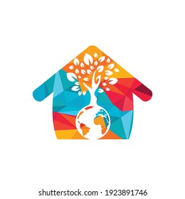 Globe tree with home vector logo design template. Planet and eco symbol or icon.	