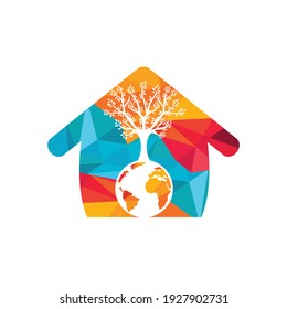 Globe tree with home vector logo design template. Planet and eco symbol or icon.	