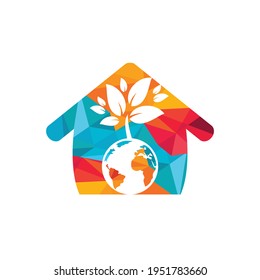 Globe tree with home vector logo design template. Planet and eco symbol or icon.	