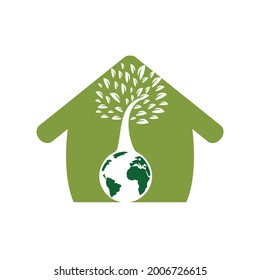 Globe tree with home vector logo design template. Planet and eco symbol or icon.	
