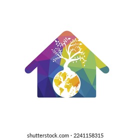 Globe tree with home vector logo design template. Planet and eco symbol or icon.	