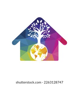 Globe tree with home vector logo design template. Planet and eco symbol or icon.	