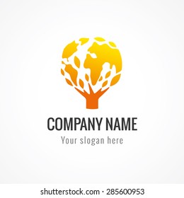 Globe tree logo concept. Environmental green energy sign, global business brand identity, natural products idea. Tree of life. Earth in the shape of leaves. Isolated abstract graphic design template.
