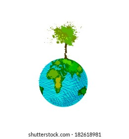 Globe and tree stains of paint. Vector