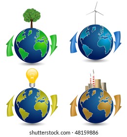 Globo con árbol, turbina eólica, bombilla y central nuclear. Concepto ecológico.
