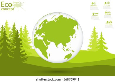 Globe and trees on the green grass. The concept of ecology to save the planet. Eco friendly. Environmentally friendly world. Concept vector illustration of ecology. Background. Infographics
