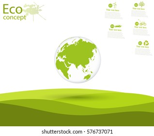 Globe and trees on the green grass. The concept of ecology to save the planet. Eco friendly. Environmentally friendly world. Concept vector illustration of ecology. Background. Infographics