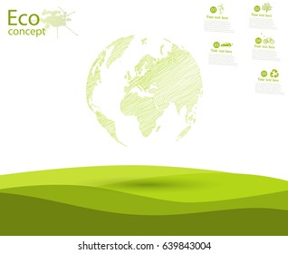 Globe and trees on the green grass. The concept of ecology to save the planet. Eco friendly. Environmentally friendly world. Concept illustration of ecology. Background. Infographics