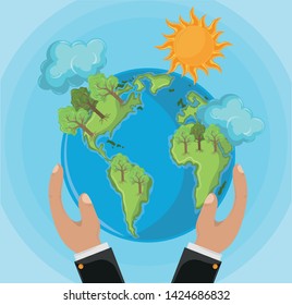 globe with trees and sun icon cartoon vector illustration graphic design