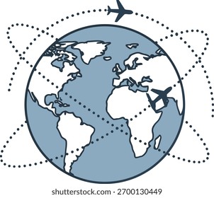 Um globo com dois aviões voando ao seu redor, indicando viagens e destinos internacionais.