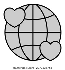 Globe and two hearts - icon, illustration on white background, grey style