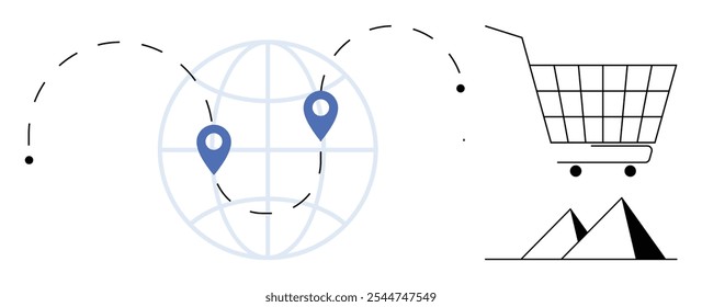 Um globo com dois marcadores de localização ligados por linhas pontilhadas, simbolizando o alcance global. Um carrinho de compras à direita e formas estilizadas abaixo dele sugerem e-commerce e serviços de entrega. Ideal para