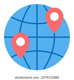 Globe and two location signs - dispatch and delivery - icon, illustration on white background, flat color style