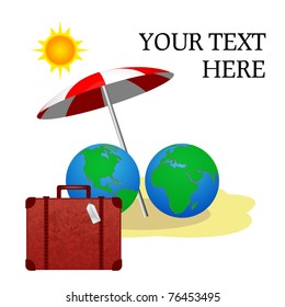 Globe under a beach umbrella and suitcase, isolated on white