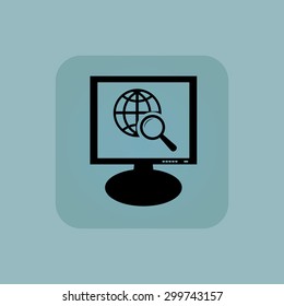 Globe under loupe on screen, in square, on pale blue background