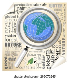 Globe under a magnifying glass. Leaflet with typographic elements in the field of ecology and environment. EPS 10 vector