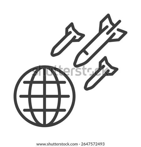 globe under missile attack clip art icon symbol, economic consequences of war, peace now concept, nuclear weapon, military invasion, shelling attack, isolated line vector illustration