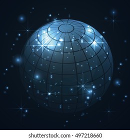 Globe in universe, galaxy with stars in blue background, abstract vector