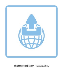 Globe with upload symbol icon. Blue frame design. Vector illustration.