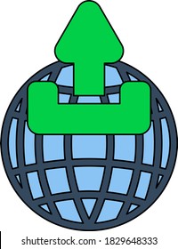Globe With Upload Symbol Icon. Editable Outline With Color Fill Design. Vector Illustration.