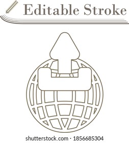Globe With Upload Symbol Icon. Editable Stroke Simple Design. Vector Illustration.