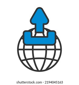 Globe With Upload Symbol Icon. Editable Bold Outline With Color Fill Design. Vector Illustration.