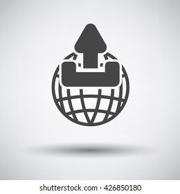 Globe with upload symbol icon on gray background with round shadow. Vector illustration.